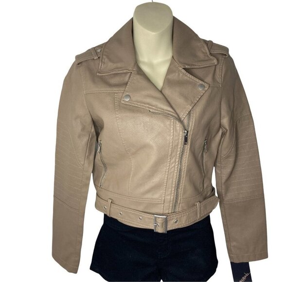 Collection B Faux Leather Belted Moto Jacket Brown Size Small - Picture 2 of 12
